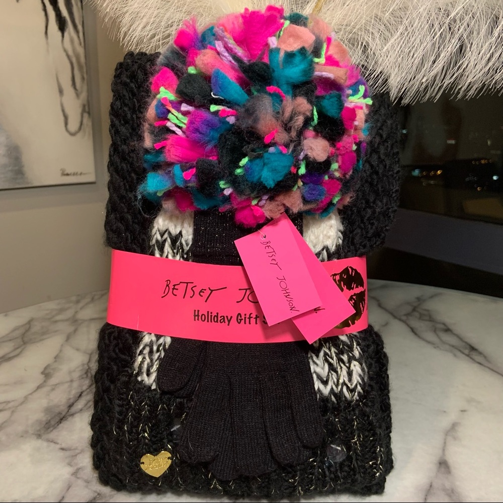 Betsey Johnson Holiday Gift Set - Pom Beanie, Knitted Loop Scarf, & Gloves NWT